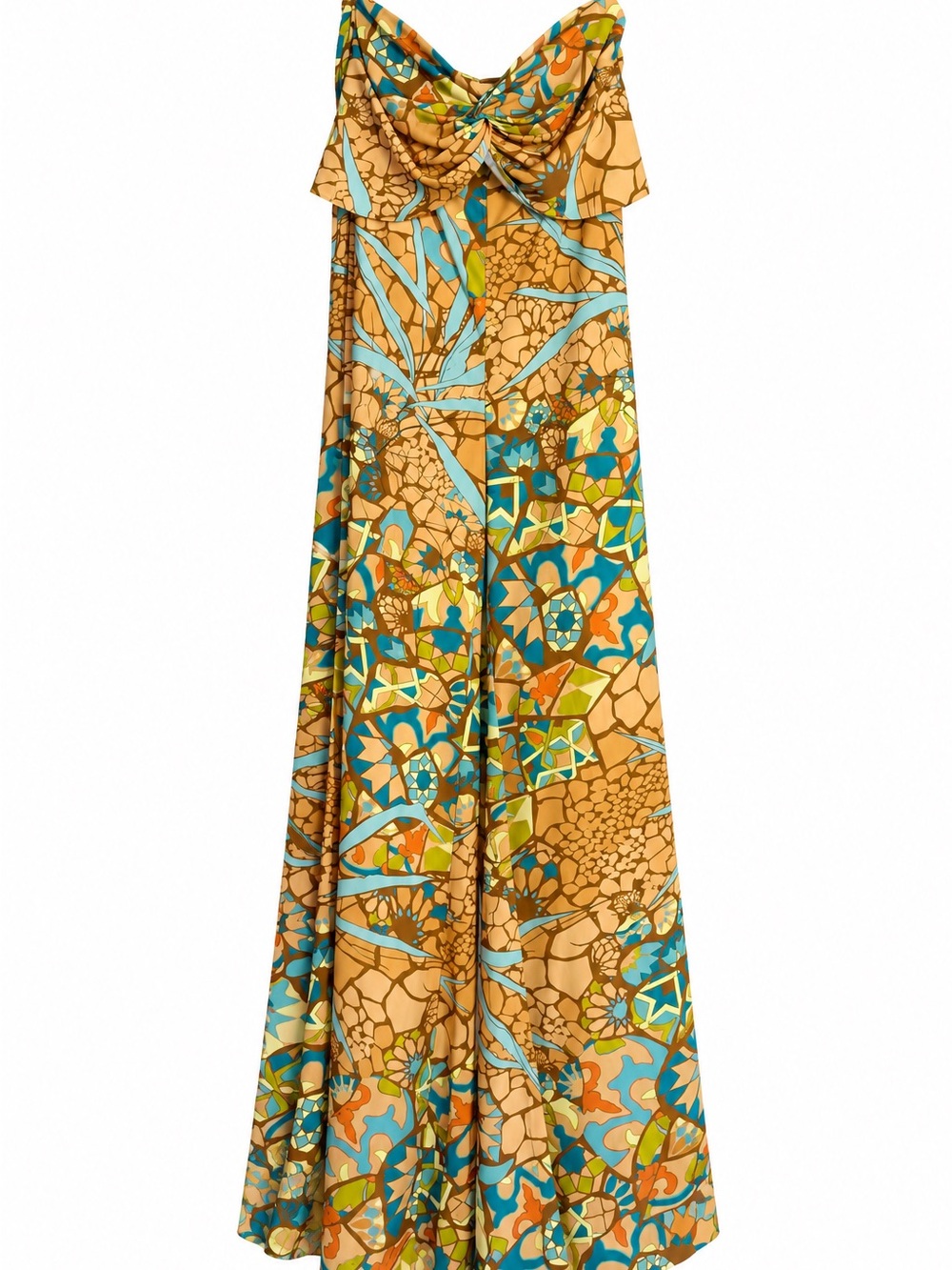 Andrea Iyamah Strapless Wide-Leg Jumpsuit in Mustard, Teal & Green Floral